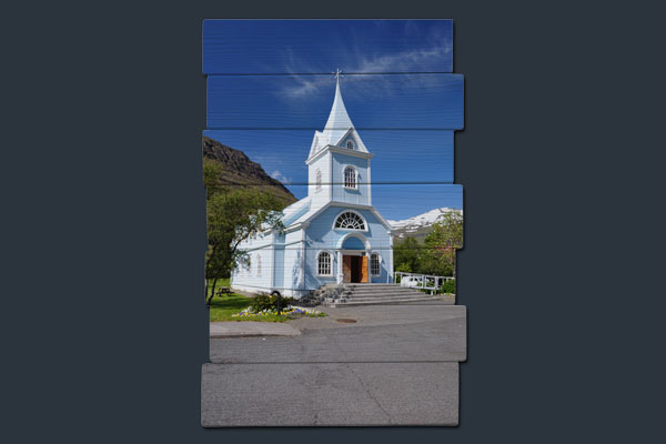 Island Kirche - auf Fichte gedruckt mit versetzten Kanten